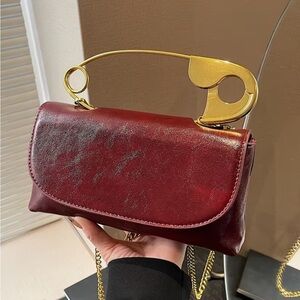 Gold-Handled bob pin Burgundy PU Leather Shoulder Bag